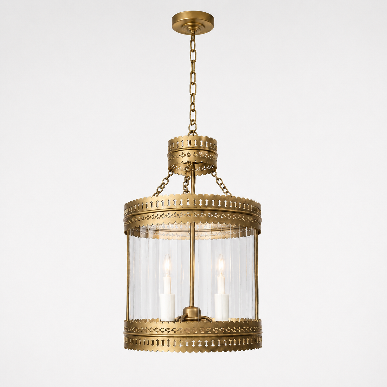 Antique Brass Ribbed Glass Hanging Pendant Lantern Ceiling Light