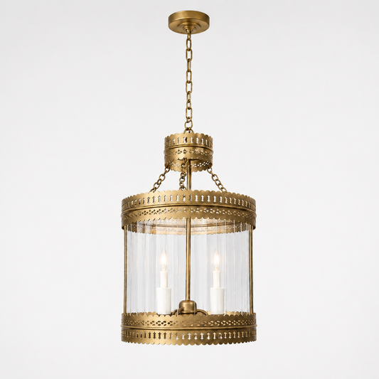 Antique Brass Ribbed Glass Hanging Pendant Lantern Ceiling Light