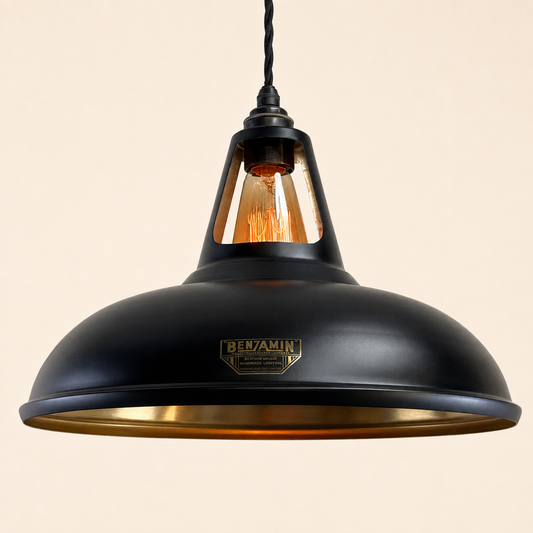 Cawston XL Matt Black & Antique Brass Coolicon Lampshade Pendant Light - 14 Inch