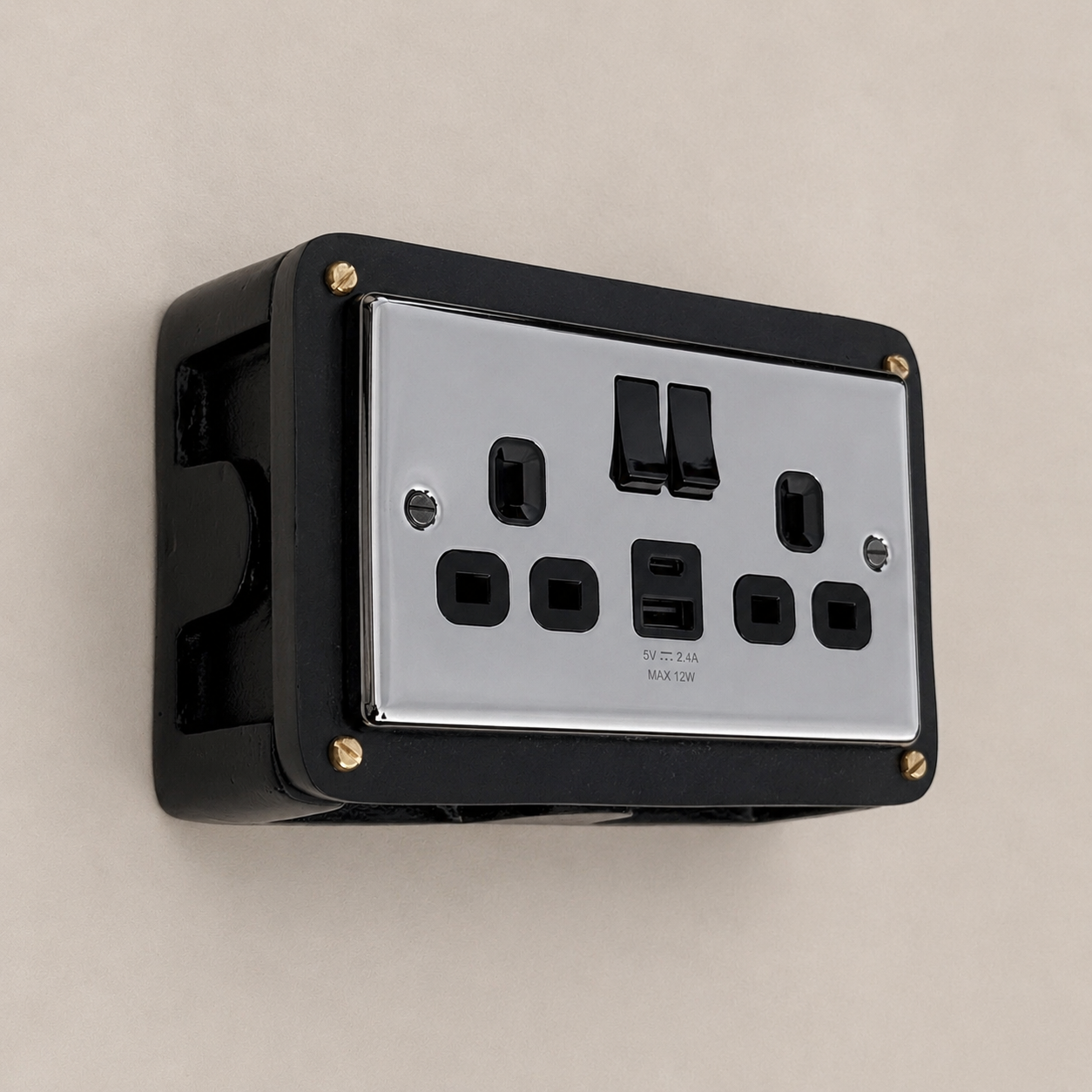 Black Double Switched Black Nickel Power Socket 230V 2 Gang Solid Cast Metal Conduit Switch