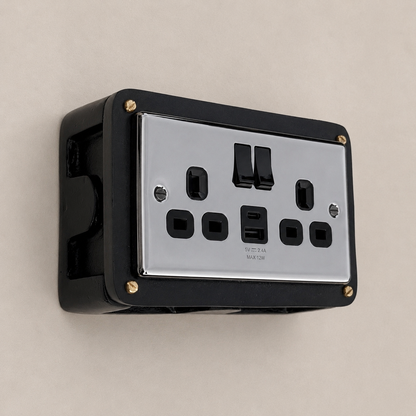 Black Double Switched Black Nickel Power Socket 230V 2 Gang Solid Cast Metal Conduit Switch