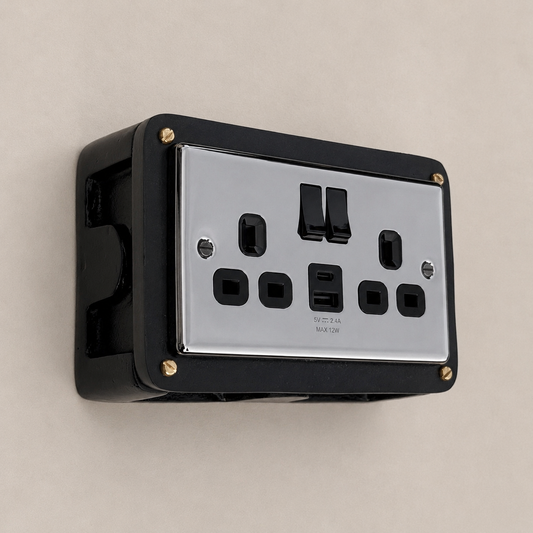 Black Double Switched Black Nickel Power Socket 230V 2 Gang Solid Cast Metal Conduit Switch
