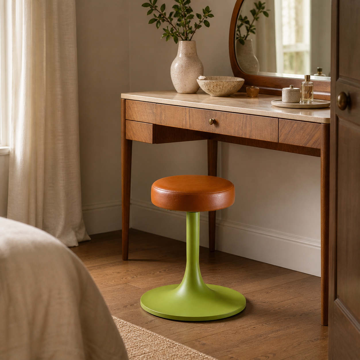 The Schoolhouse Wasabi Green & Tan Leather Seat Stool