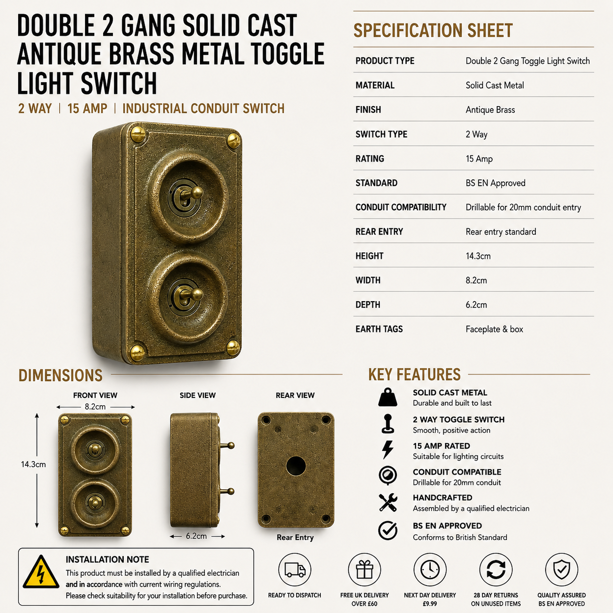 Antique Brass 2 Gang 2 Way Solid Cast Metal Conduit Light Switch | Industrial Surface Mount