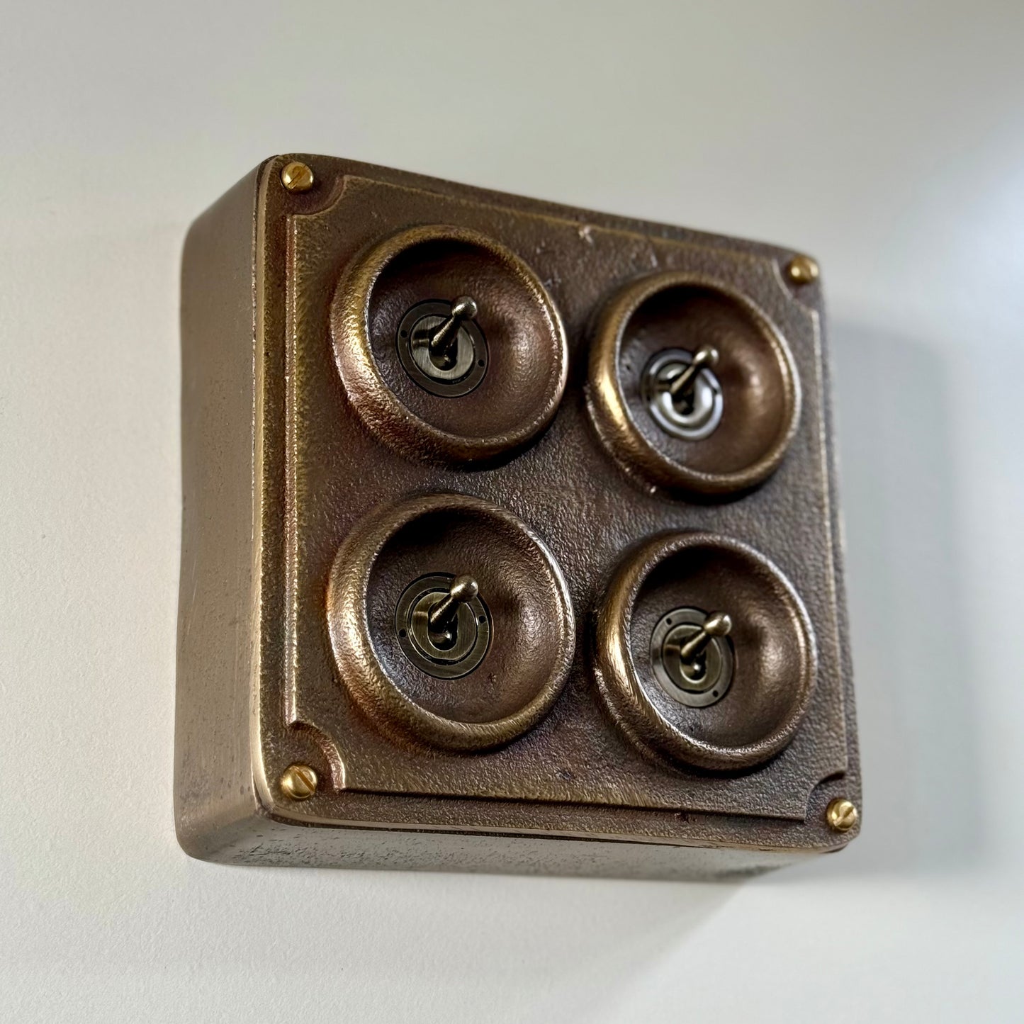 4 Gang 2 Way Solid Antique Brass Bronze Metal Surface Mounted Conduit Light Switch Industrial - BS EN Approved Vintage Crabtree 1950’s Style