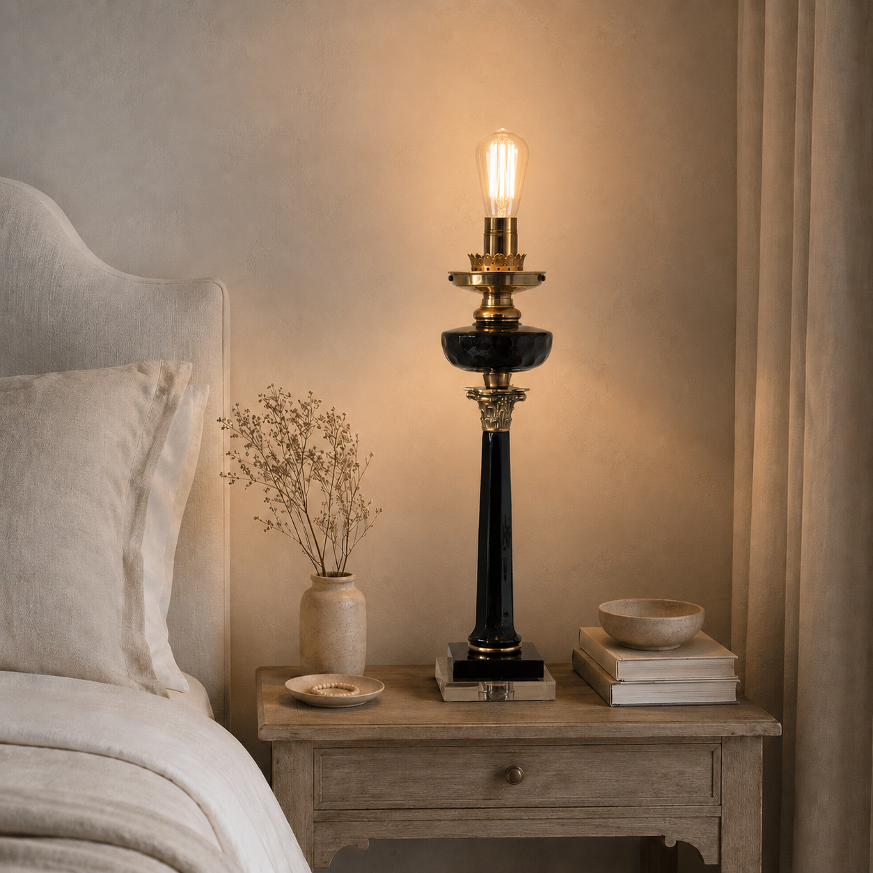 French Style Solid Brass & Black Glass Table Lamp Bedside Reading Light