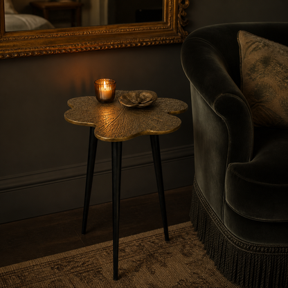 Brass Clover Side Table | Etched Botanical Top & Black Iron Legs