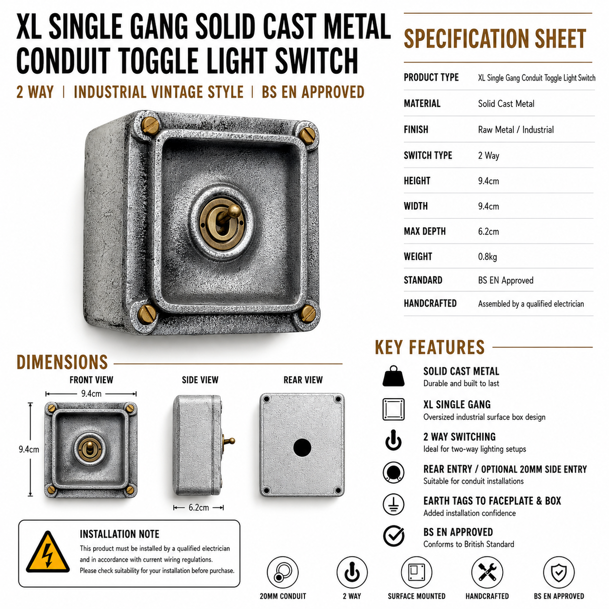 XL Single Gang 2 Way Cast Metal Conduit Toggle Light Switch | Industrial Vintage Style