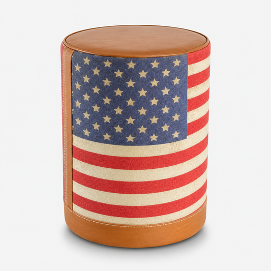Stars & Stripes USA Flag Pouf Footstool | Genuine Leather & Vintage Fabric