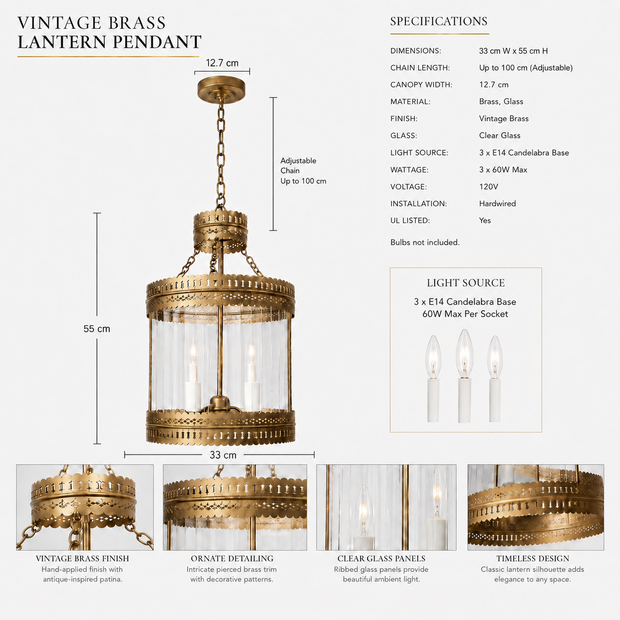Antique Brass Ribbed Glass Hanging Pendant Lantern Ceiling Light