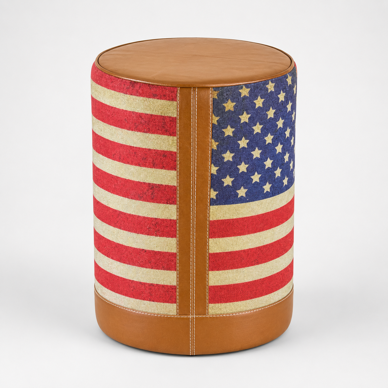 Stars & Stripes USA Flag Pouf Footstool | Genuine Leather & Vintage Fabric