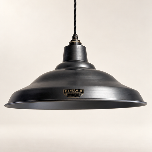 Bawsey Pewter Industrial Pendant Light showing shade front view on a warm off-white studio background