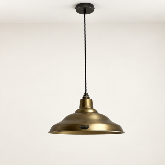Bawsey antique brass pendant light showing the complete black twisted cable and pewter ceiling rose