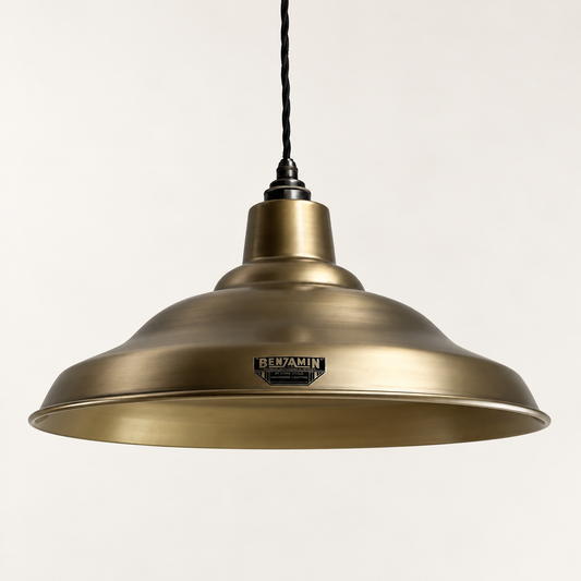 Bawsey 16 inch antique brass pendant lampshade with black twisted cable, front studio view
