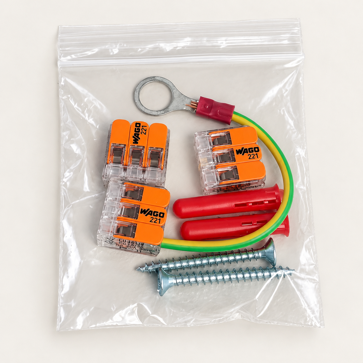 Pendant light fixing kit with three WAGO 221 connectors, earth wire, two screws and two red wall plugs
