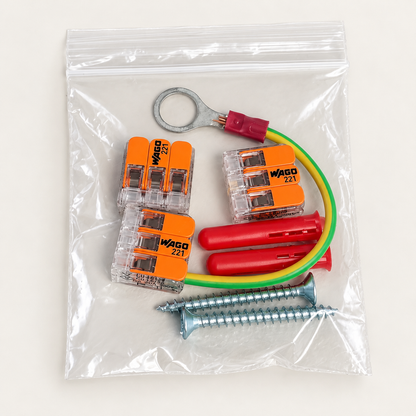 Pendant light fixing kit with three WAGO 221 connectors, earth wire, two screws and two red wall plugs