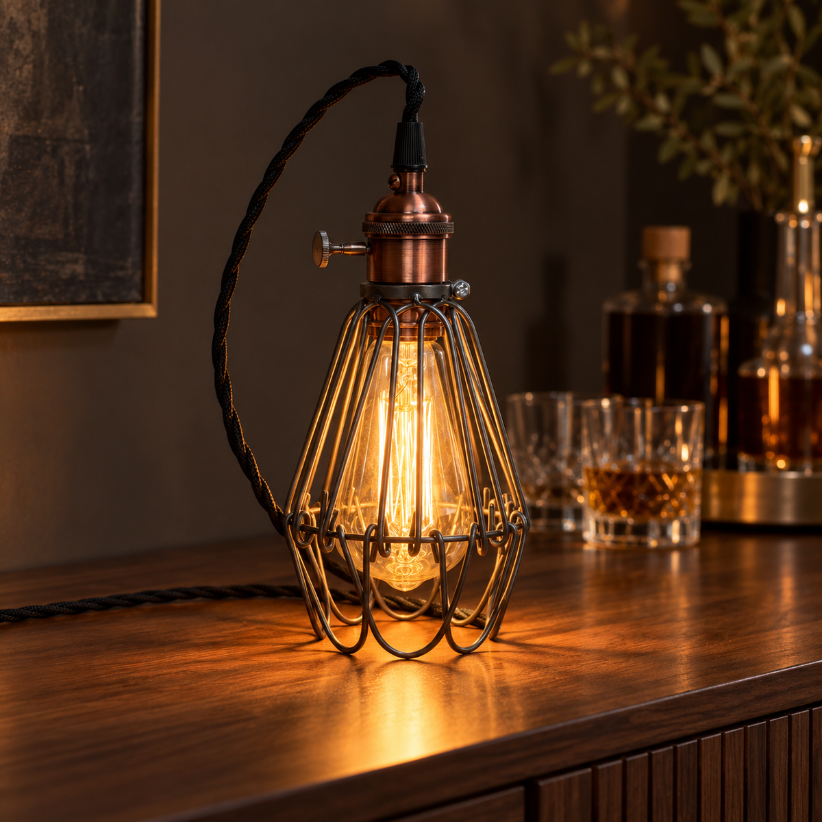 Hemsby cage table lamp with black fabric cable casting warm light on a walnut home bar beside glassware