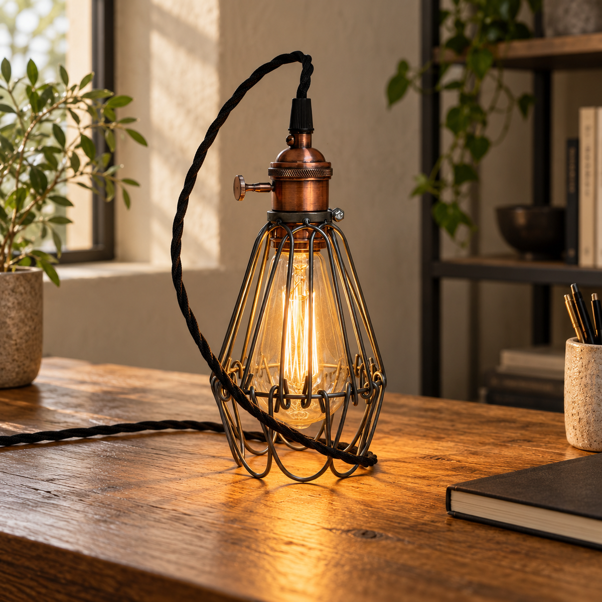 Hemsby raw steel cage desk lamp with black fabric cable glowing on an oak desk in a home office