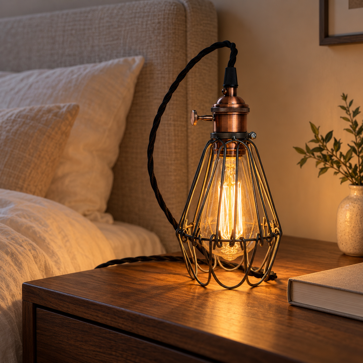 Hemsby cage bedside lamp with black fabric cable glowing on a walnut nightstand beside a linen bed