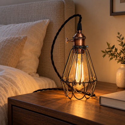 Hemsby cage bedside lamp with black fabric cable glowing on a walnut nightstand beside a linen bed