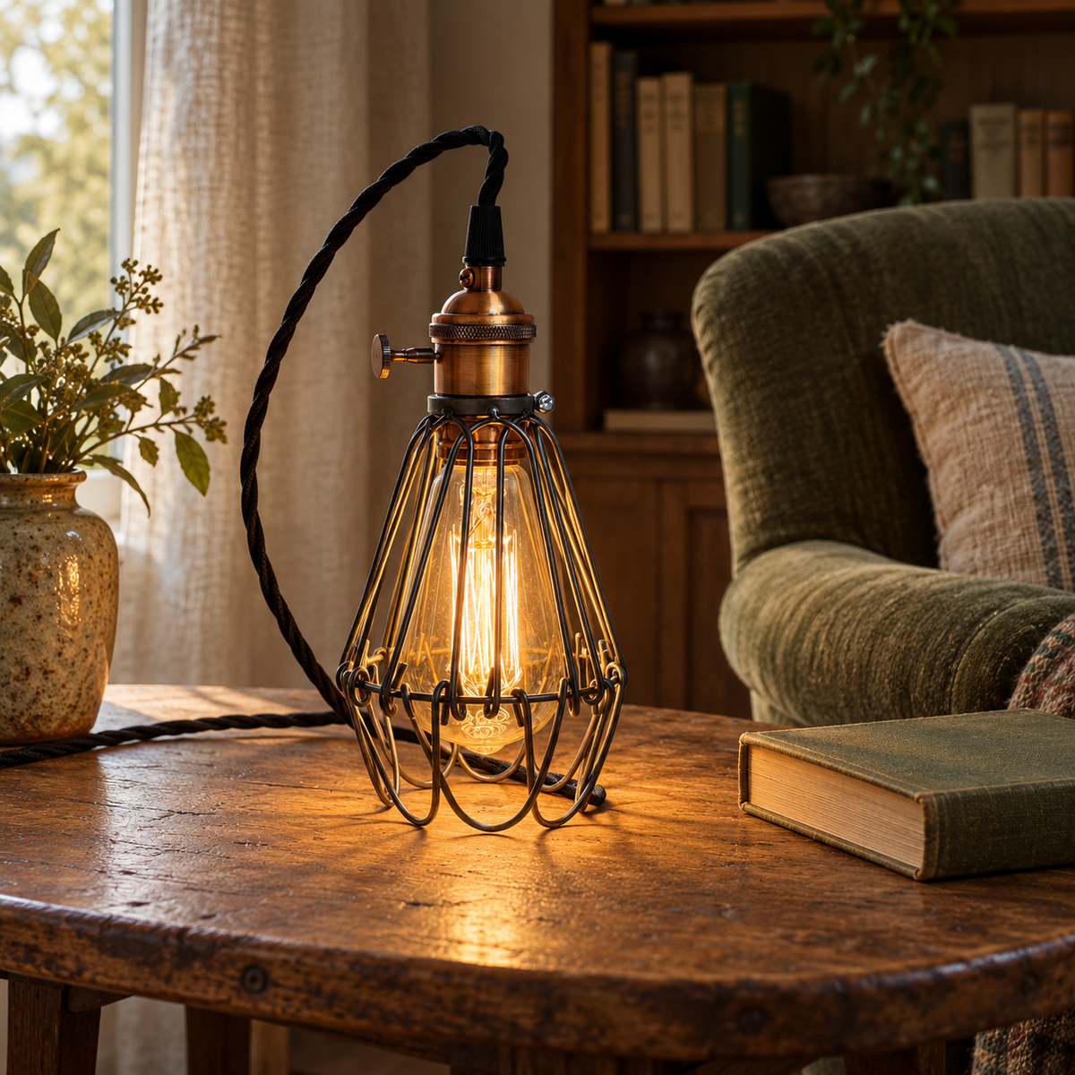 Warmly illuminated Hemsby cage lamp with black fabric cable on an oak table beside an olive reading chair