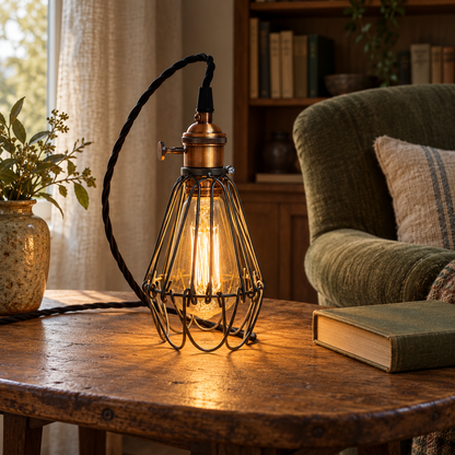 Warmly illuminated Hemsby cage lamp with black fabric cable on an oak table beside an olive reading chair