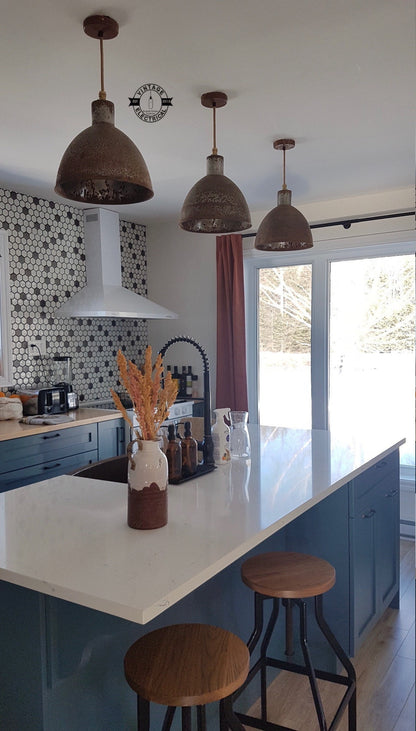 Warham ~ Rusted Solid Steel Industrial Shade Pendant Set Light | Ceiling Dining Room | Kitchen Table | Vintage 1 x Edison Filament Bulb