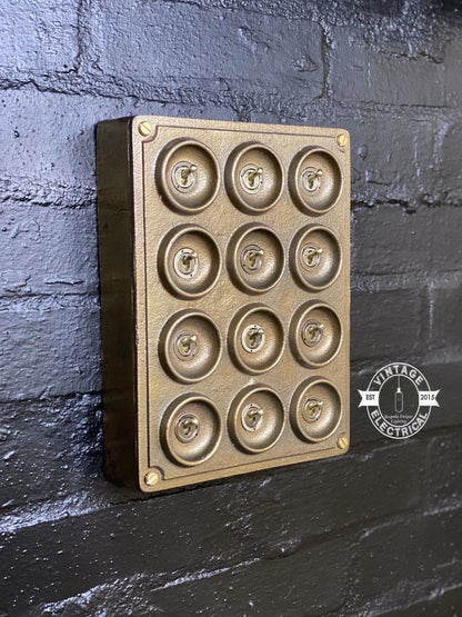 12 Gang 2 Way Bronze Solid Cast Metal Surface Mounting Conduit Light Switch Industrial - BS EN Approved Vintage Crabtree 1950’s Style