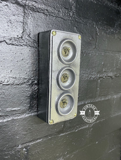3 Gang 2 Way Solid Cast Metal Surface Mounting Light Switch Industrial 2 Way - BS EN Approved Vintage Crabtree Style