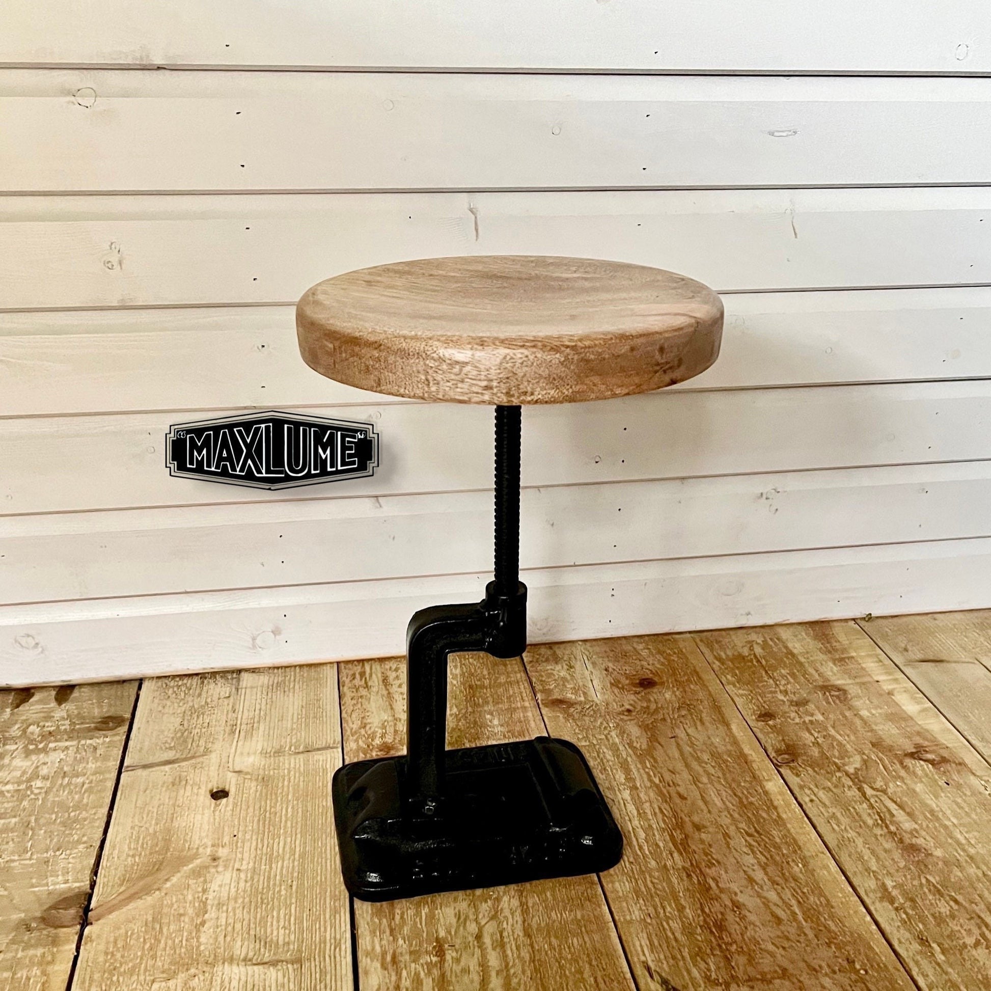 Vice Clamp Industrial Solid Bar Stool Wood or Leather Top Solid Cast Metal Base | Vintage Style | Floor Standing