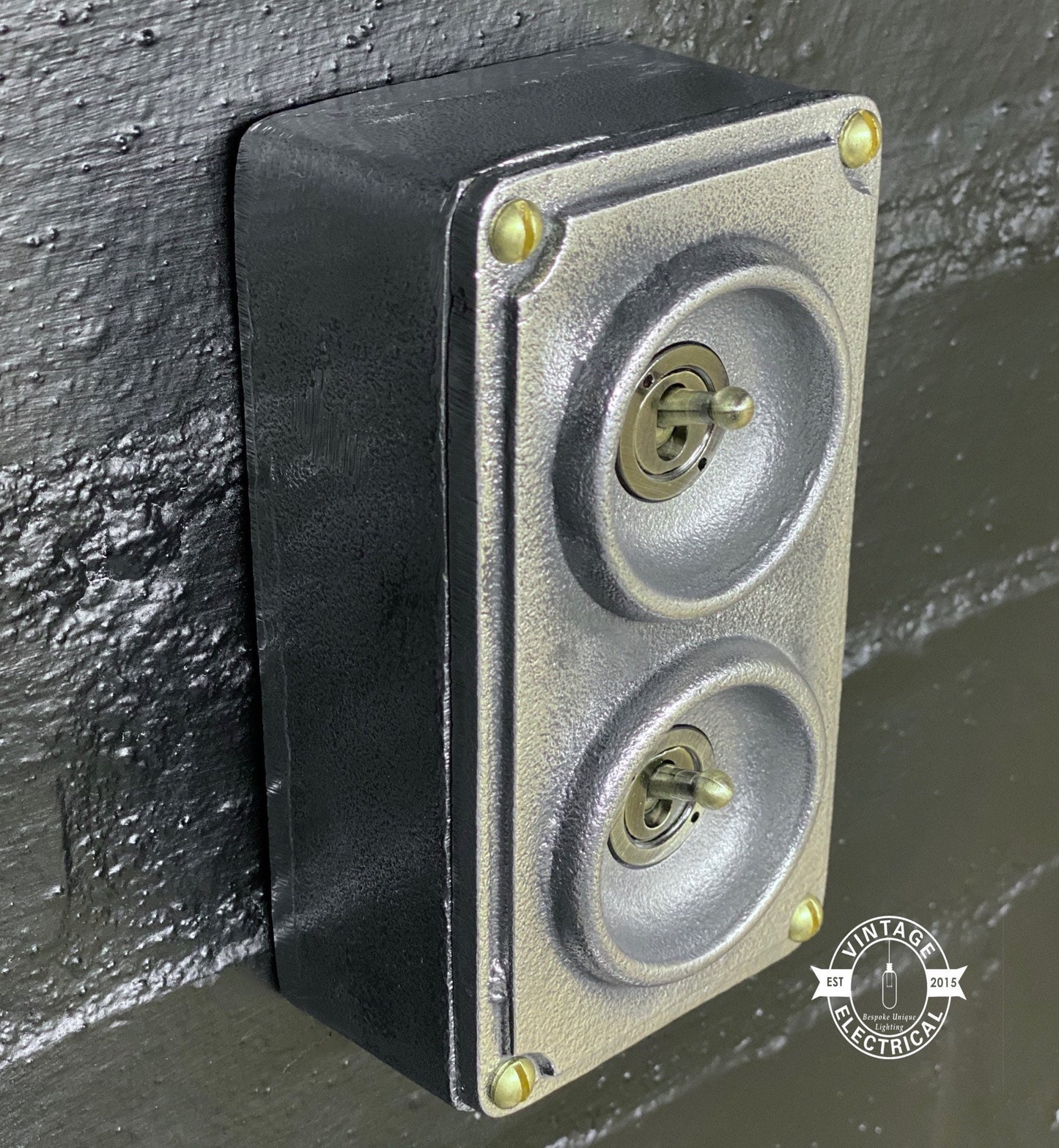 Double 2 Gang Solid Cast Metal Conduit Light Switch Industrial 2 Way - BS EN Vintage Crabtree