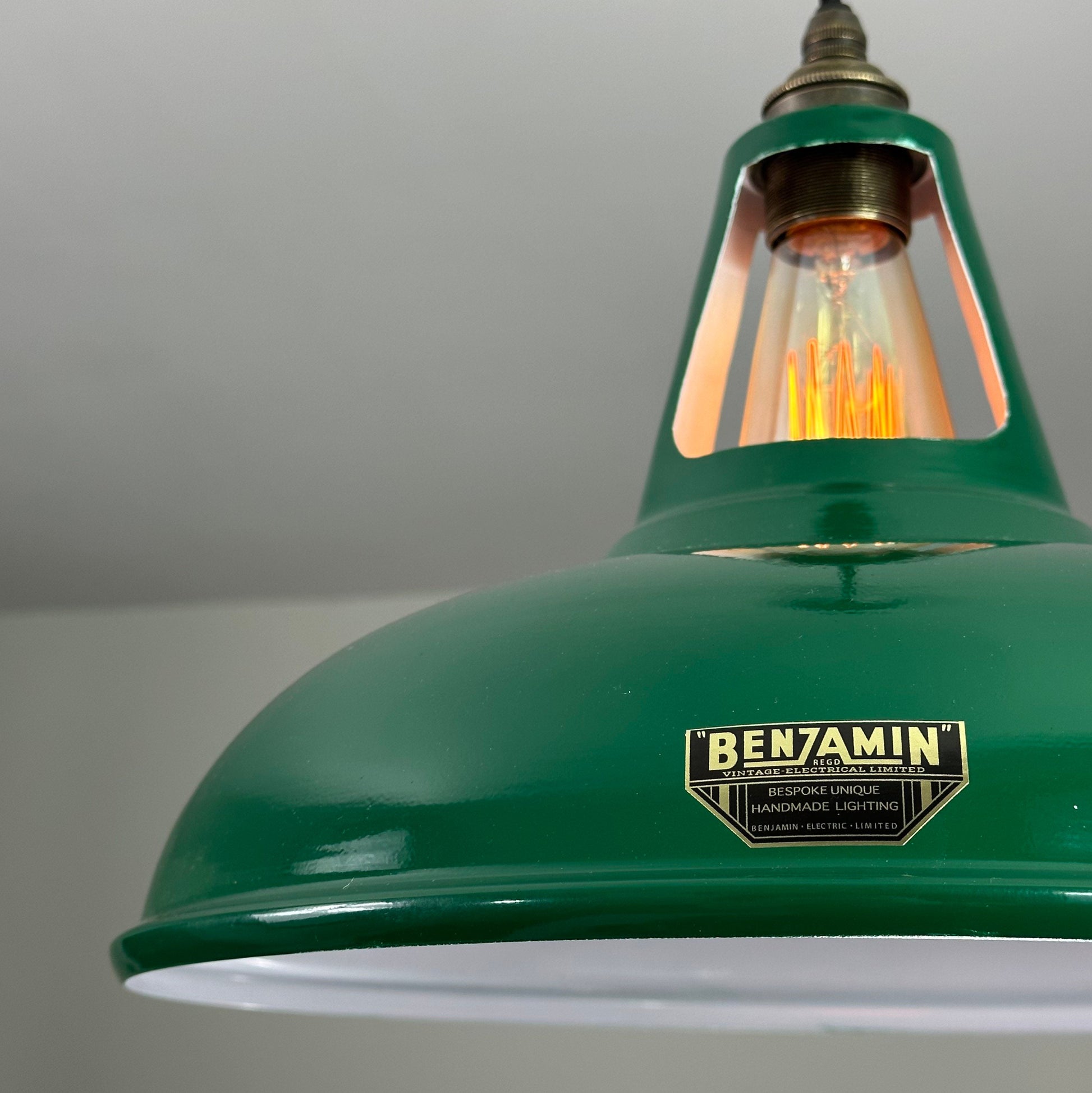 Cawston XL ~ Original Green Slotted Lampshade Pendant Set Light *Worn* ~ 14 Inch