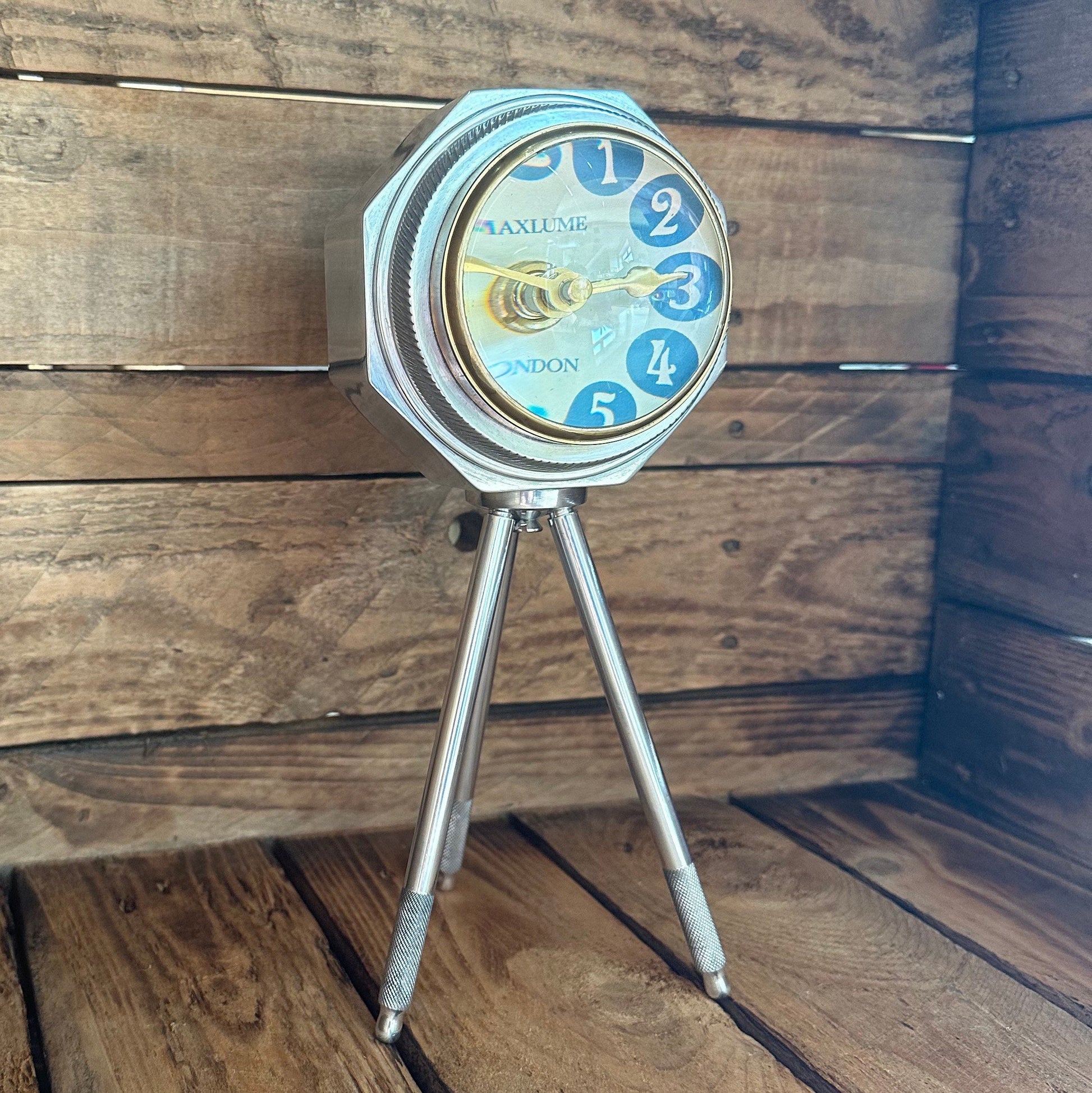 Maxlume ~ London Table Tripod Clock Polished Nickel Solid Brass Ship Nautical Vintage Industrial Decor