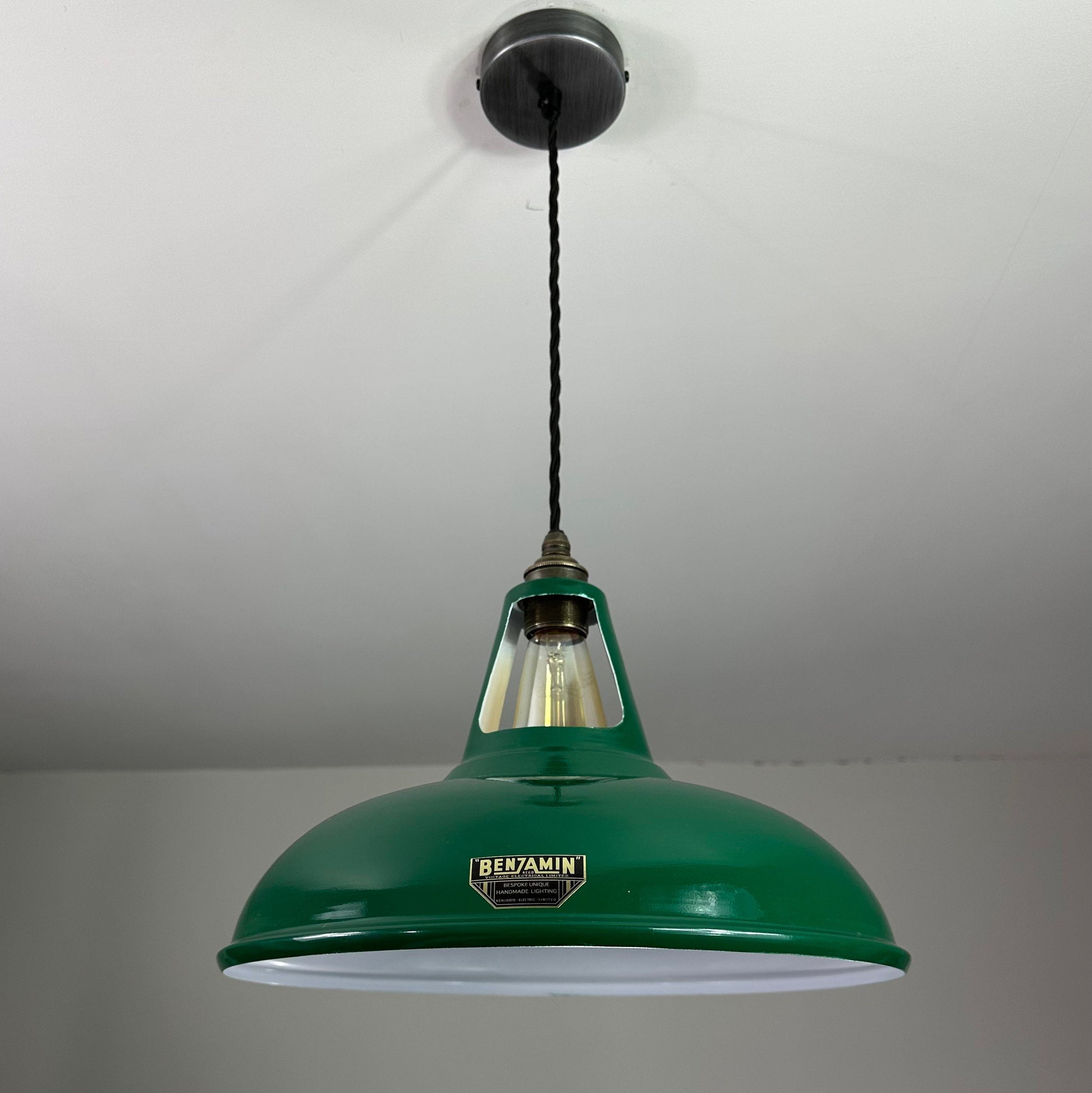 Cawston XL ~ Original Green Slotted Lampshade Pendant Set Light *Worn* ~ 14 Inch