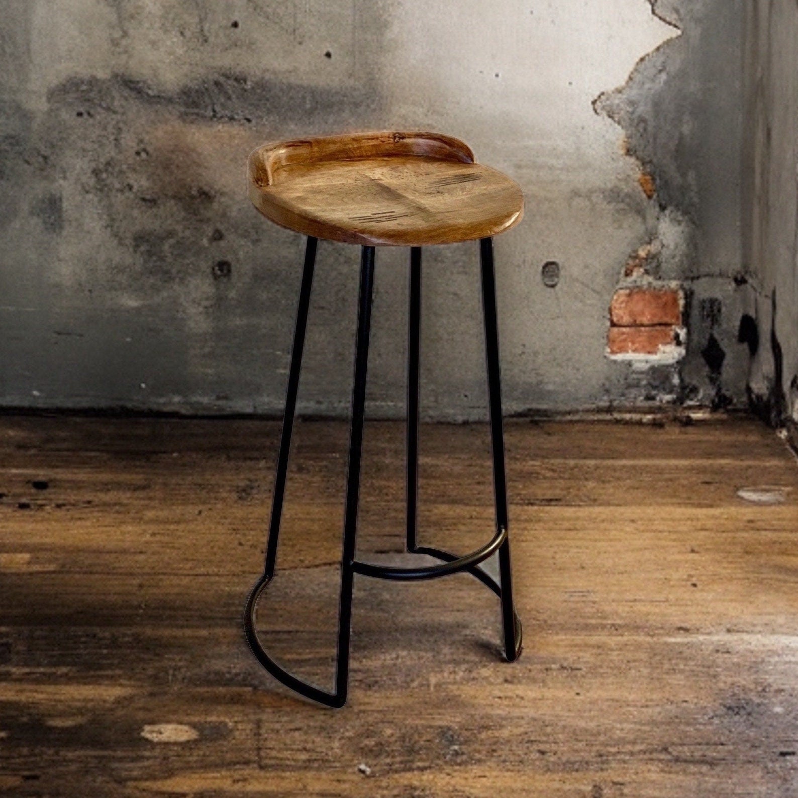 Solid Wooden Top Bar Stool Cast Iron Floor Standing Kitchen Seat