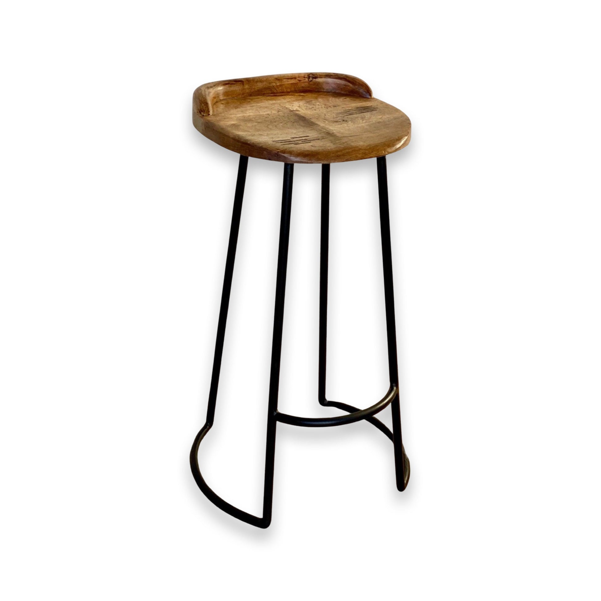 Solid Mango Wooden Top Bar Stool Hand Crafted | Solid Cast Metal | Floor Standing | Kitchen Black Iron | Industrial Tractor Seat