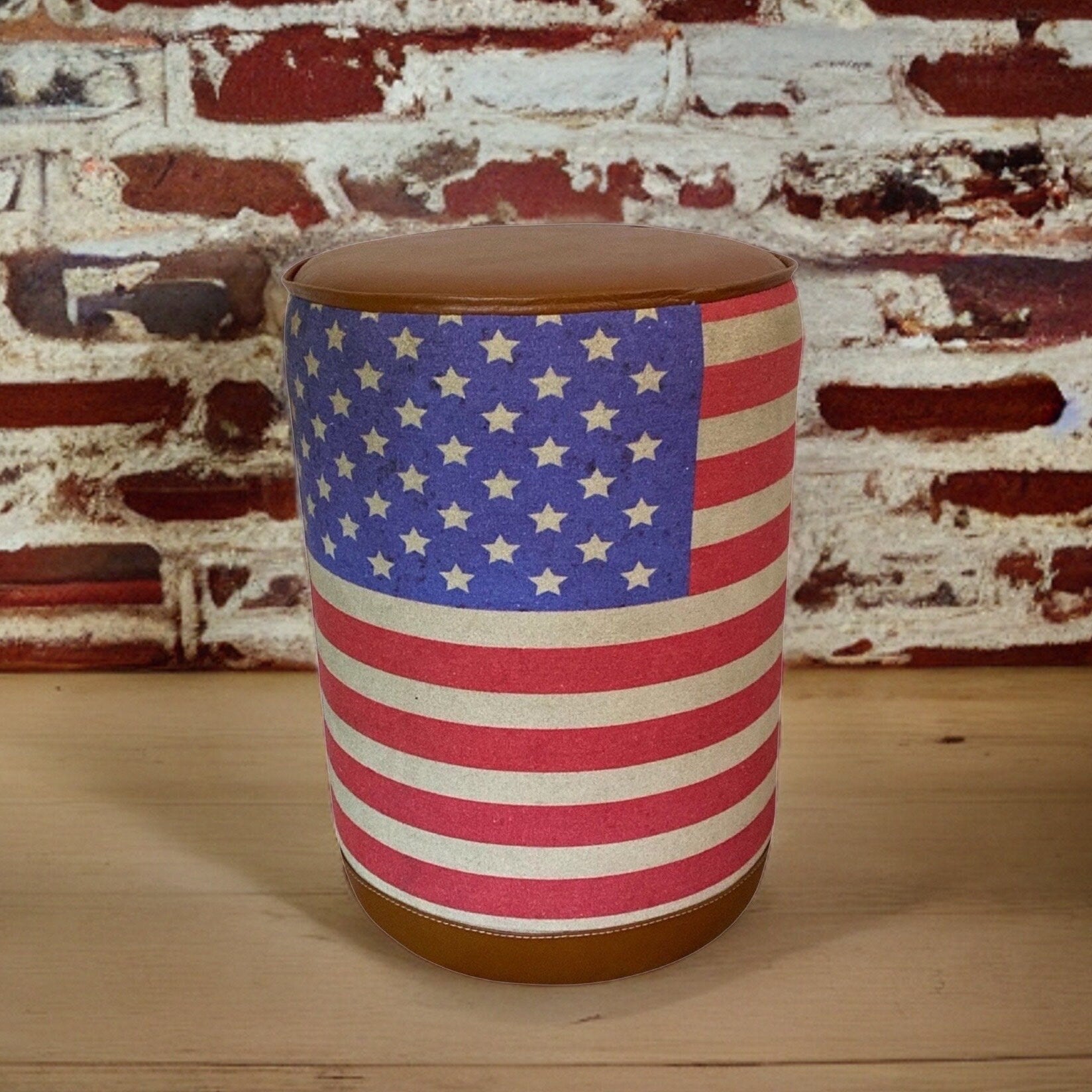 Stars & Stripes Flag Of The United States USA Pouf Solid Base Genuine Leather | Vintage Style | Floor Standing | Door Stop pouffe
