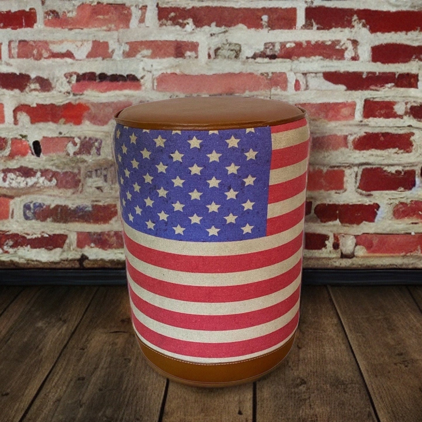 Stars & Stripes Flag Of The United States USA Pouf Solid Base Genuine Leather | Vintage Style | Floor Standing | Door Stop pouffe