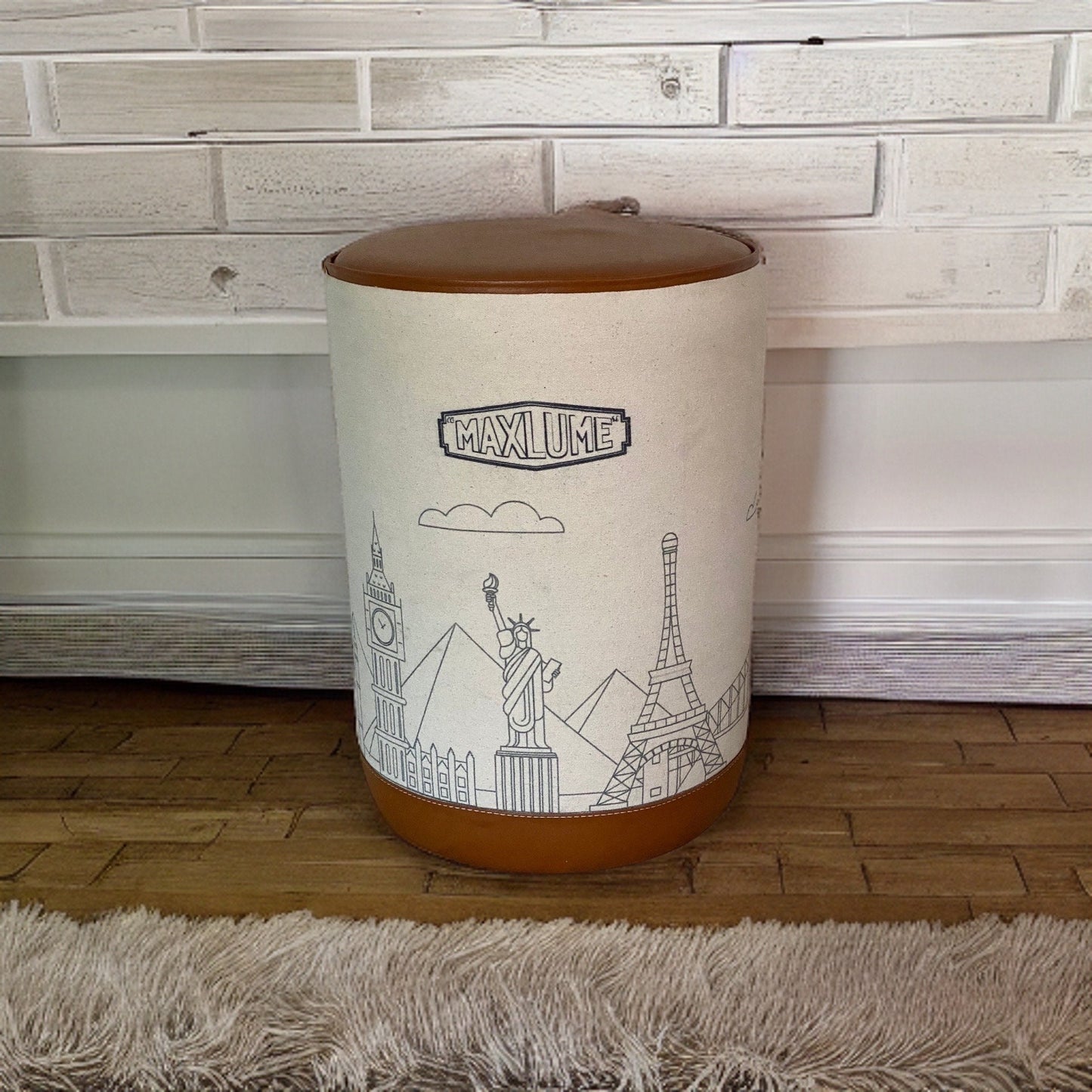 Pouffe ‘Wonders Of The World’ Pouf Solid Base Genuine Leather | Vintage Style | Floor Standing | Man Cave Stool ~ Handcrafted By Maxlume