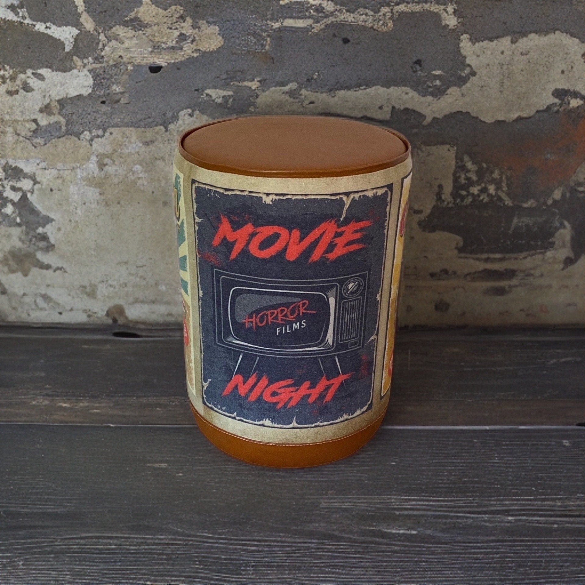 Pouffe ‘Movie Night’ Solid Base Genuine Leather Seat | Vintage Style | Floor Standing | Man Cave Foot Stool