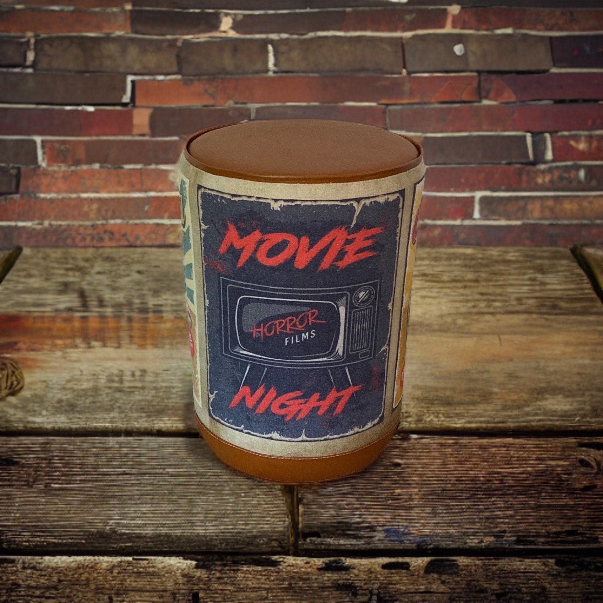 Pouffe ‘Movie Night’ Solid Base Genuine Leather Seat | Vintage Style | Floor Standing | Man Cave Foot Stool