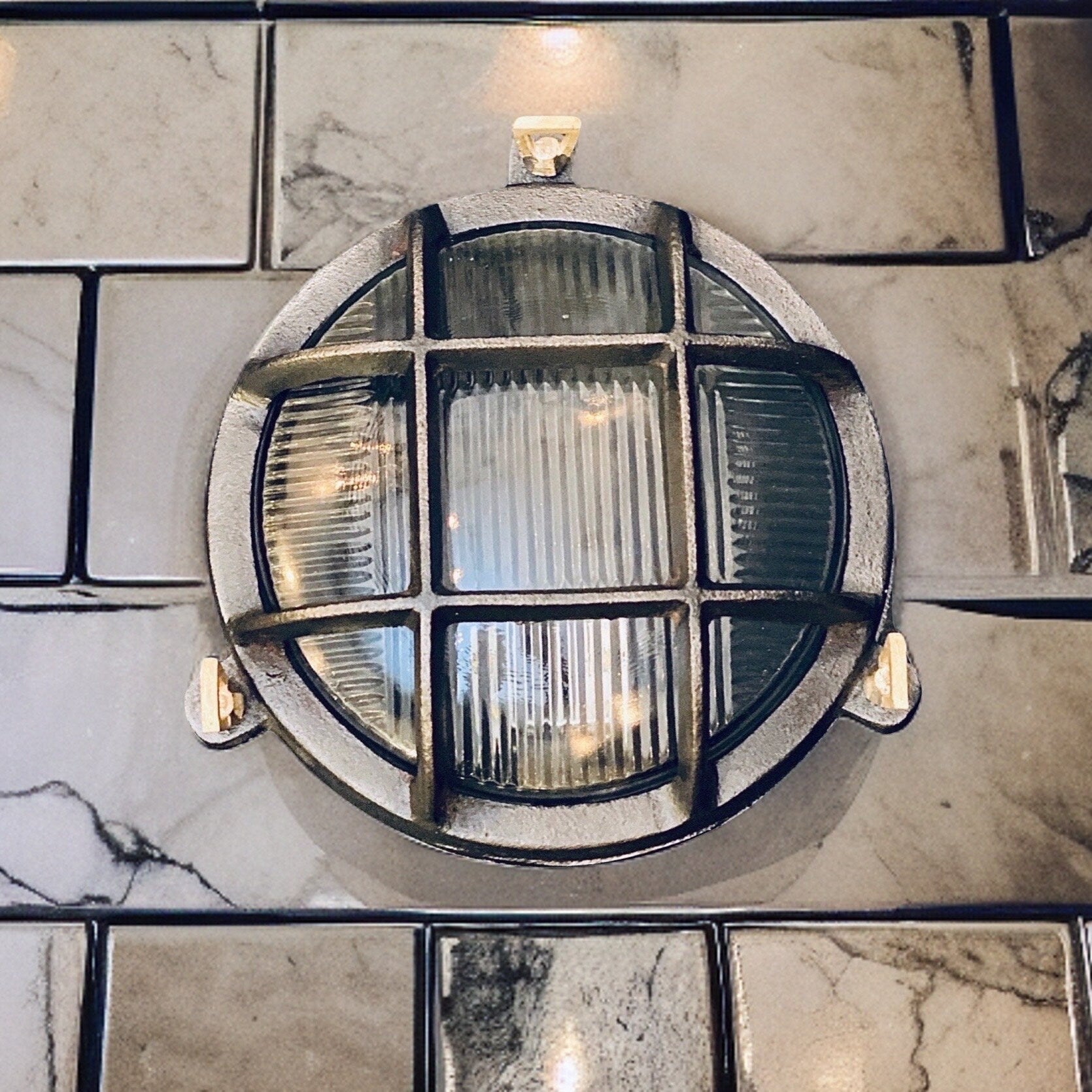 Wroxham ~ Caged Bulkhead Cast Pewter Industrial Wall Light | Ceiling Bathroom | Outdoor Garden | Vintage