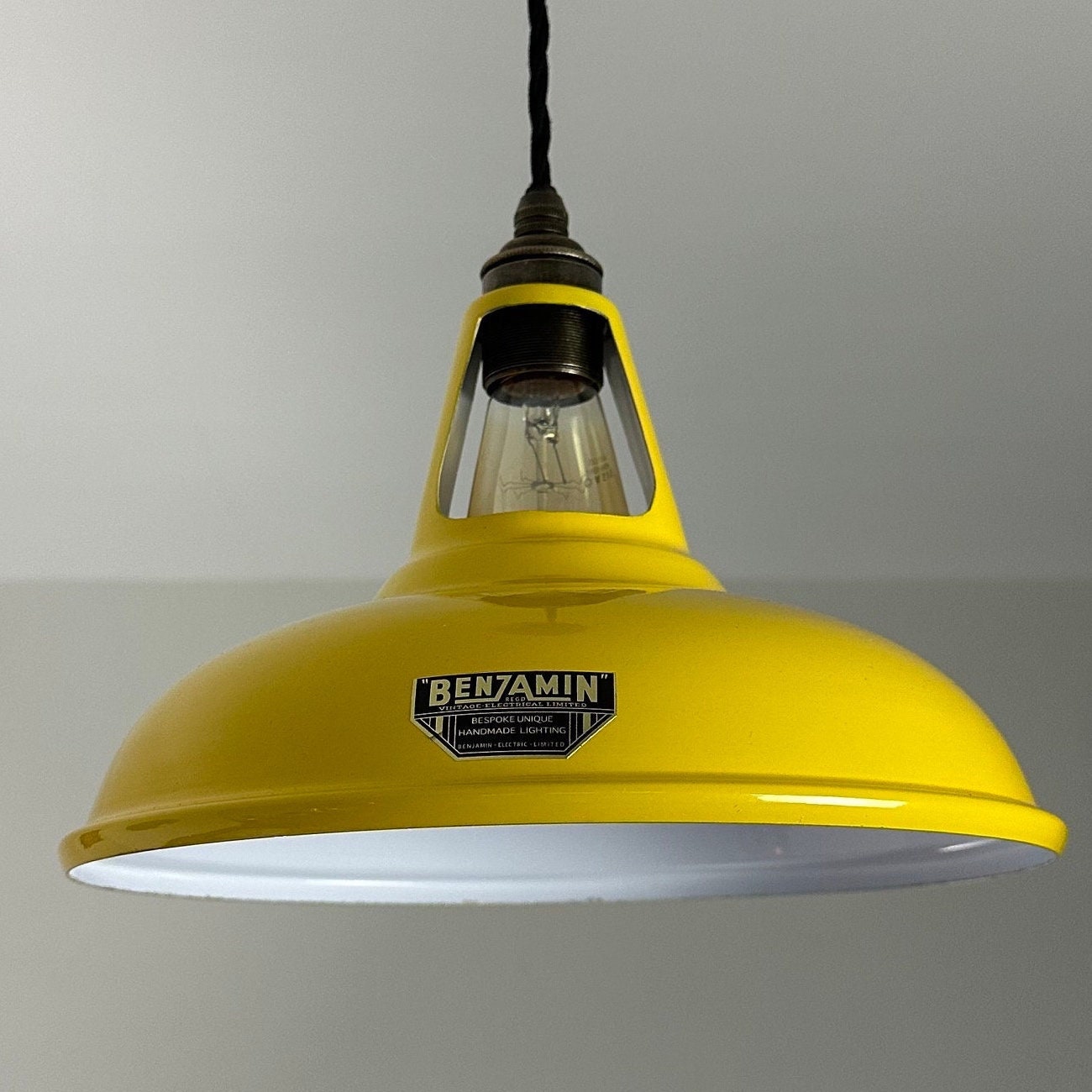 Cawston ~ *Worn* Summer Yellow Solid Shade Original 1932 Design Pendant Set Light | Ceiling Dining Room | Kitchen Table | Vintage