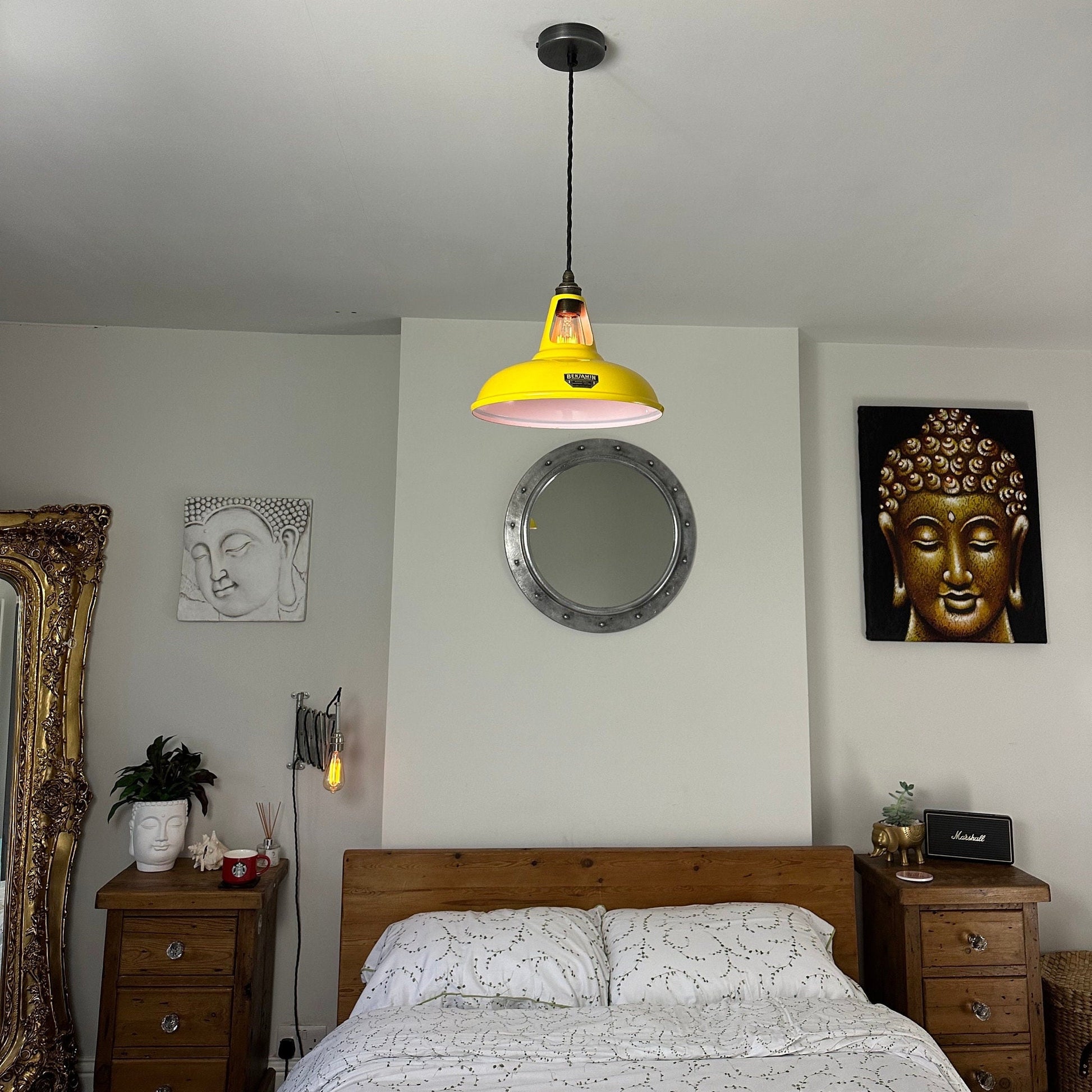 Cawston ~ *Worn* Summer Yellow Solid Shade Original 1932 Design Pendant Set Light | Ceiling Dining Room | Kitchen Table | Vintage
