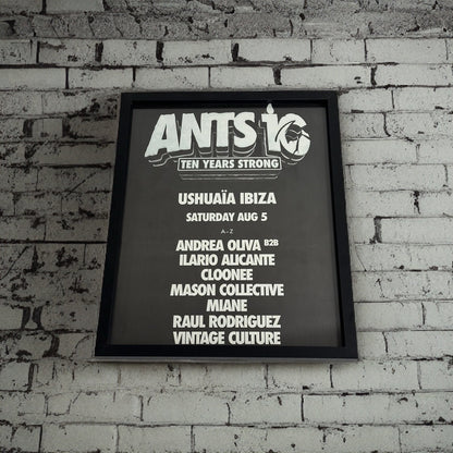 Ants ~ Genuine Ushuaia 10 Years Strong Anniversary Ibiza Framed Dj Artwork | Hi Ibiza | Luxury Black Frame