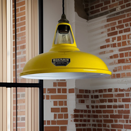 Cawston ~ *Worn* Summer Yellow Solid Shade Original 1932 Design Pendant Set Light | Ceiling Dining Room | Kitchen Table | Vintage