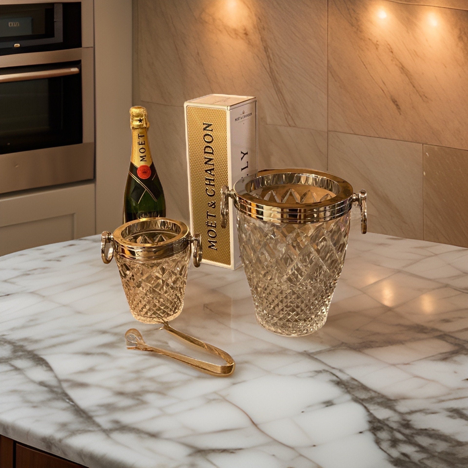Maxlume ~ Luxury 3 Piece Solid Glass Hand Cut Engraved Wine & Ice Cooler Champagne Glass Bucket French