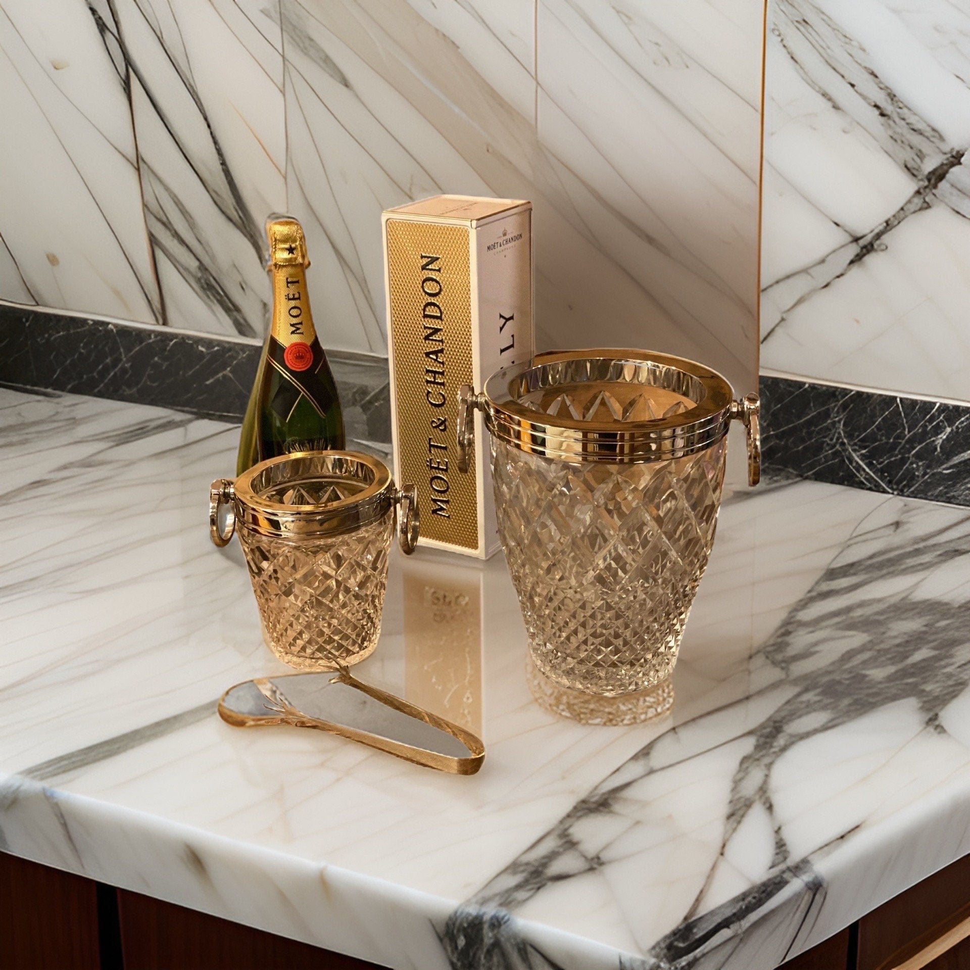 Maxlume ~ Luxury 3 Piece Solid Glass Hand Cut Engraved Wine & Ice Cooler Champagne Glass Bucket French