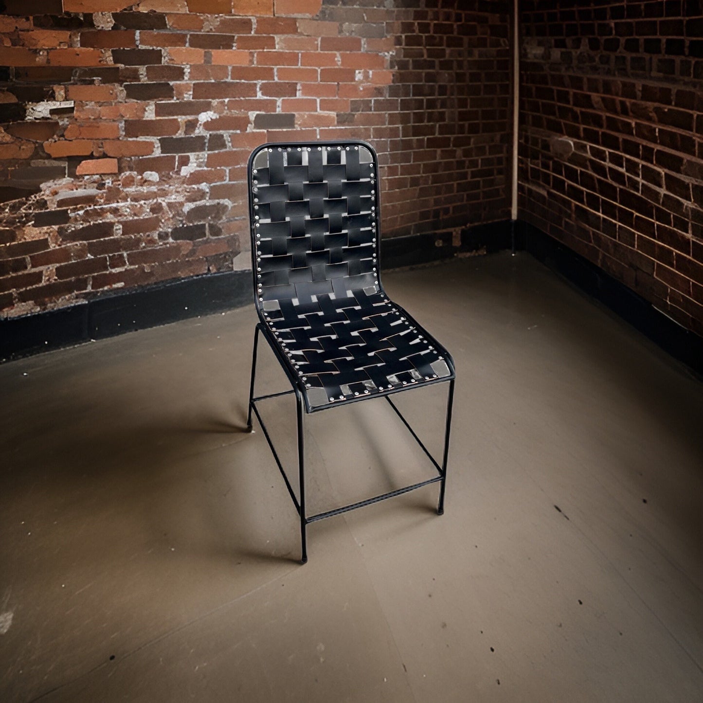 Black Genuine Woven Leather Cafe Lounger Chair | Vintage Style | Solid Cast Metal | Floor Standing By Maxlume