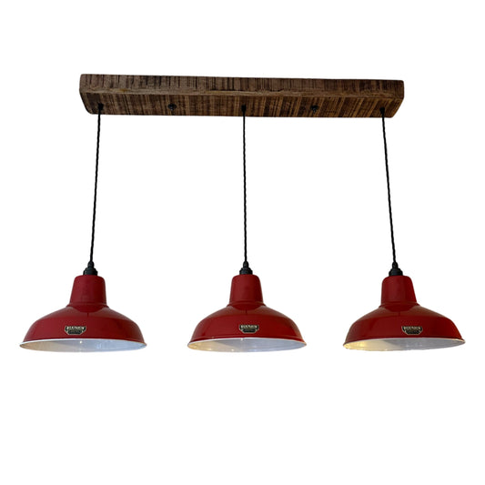 Filby ~ 3 x Red Lampshade Pendant Set Wooden Track Light | Dining Room | Kitchen Table